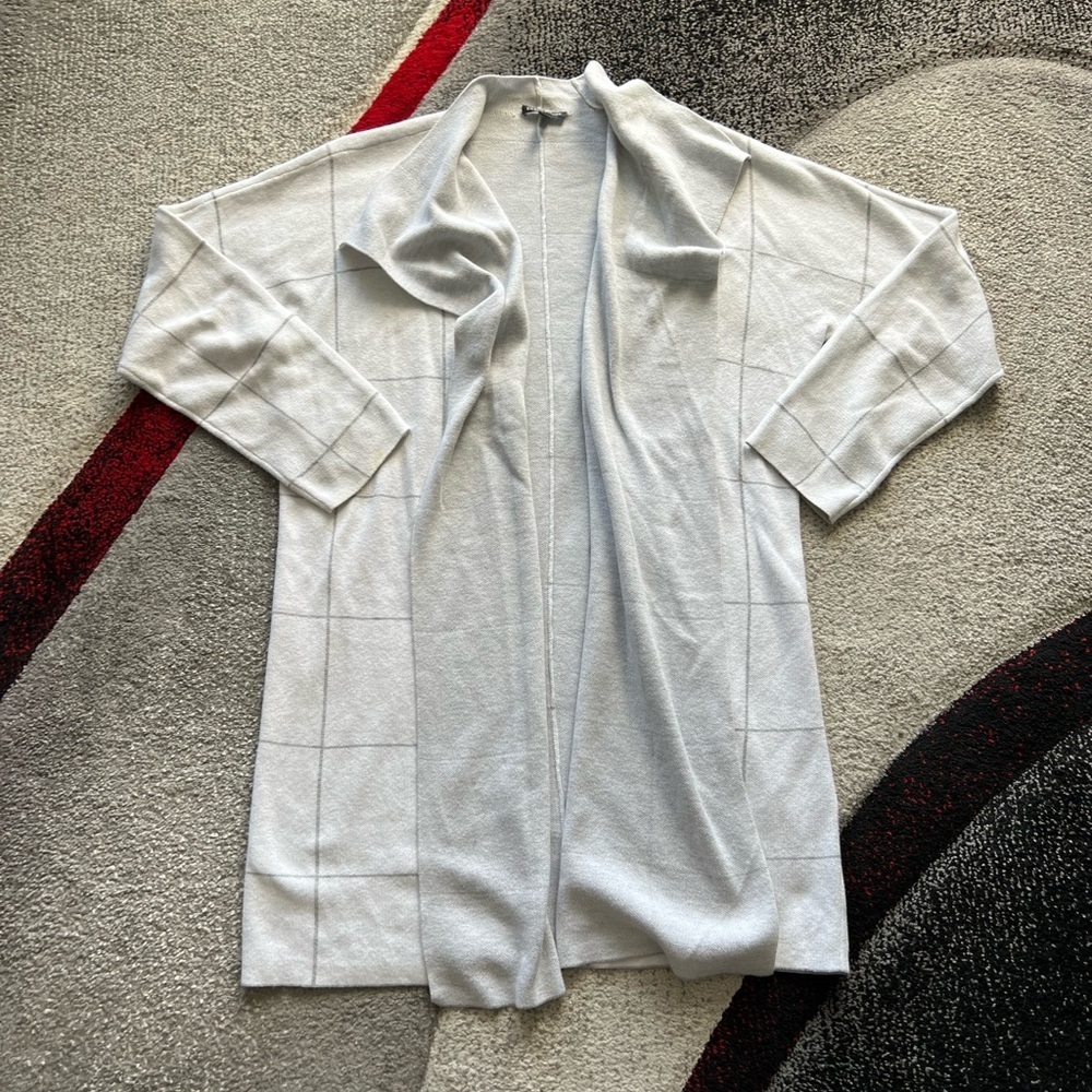 Eileen Fisher Gray Windowpane Print Open Front Lo… - image 1